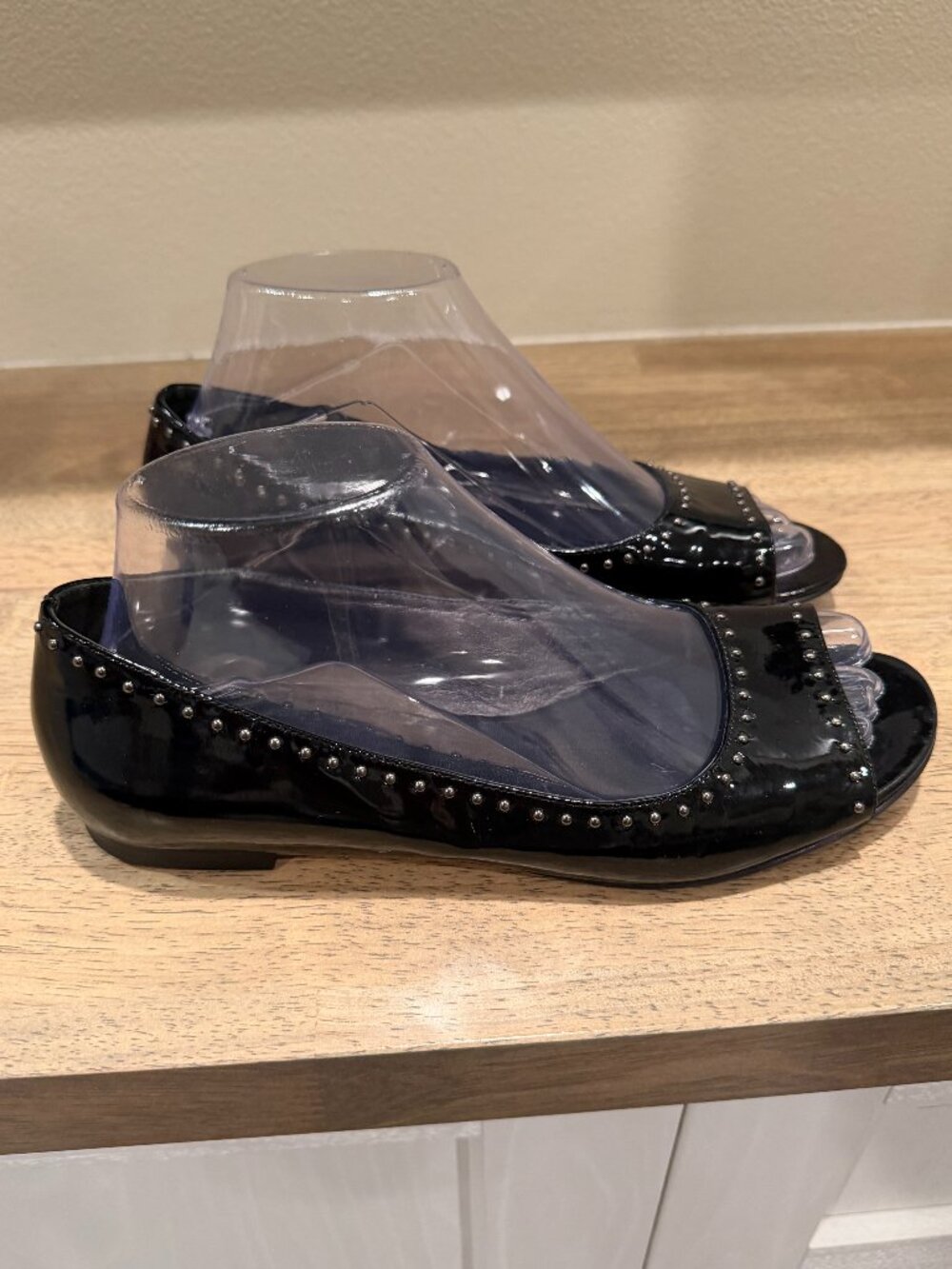 Cole Haan Black Patent Leather Studded Open Toe Flats w/ Nike Air 7.5 - Picture 3 of 8
